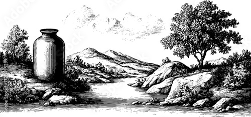 Vintage engraving of tall narrow ceramic vase with scenic landscape design for artistic decor
