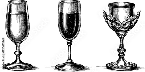 Vintage hand drawn champagne flute trio in elegant silhouette for retro design