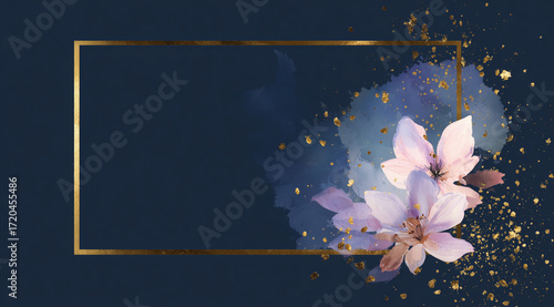 Elegant Floral Arrangement with a Gold Frame and Watercolor Accents. The image features delicate pink flowers with a gold frame on a rich, dark blue background.