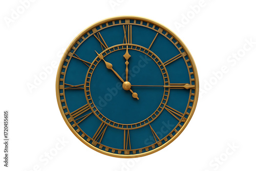 elegant gold and blue roman numeral clock face time isolated on white background, png, ai generated