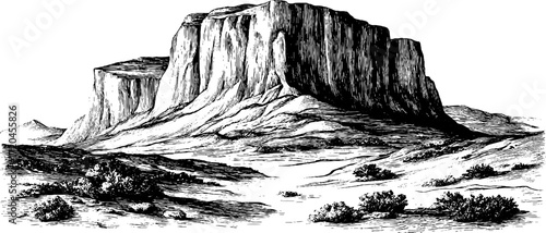 Vintage hand drawn illustration of steep cliff rock face in retro style