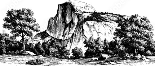 Vintage hand drawn engraving of steep cliff rock face in forest landscape