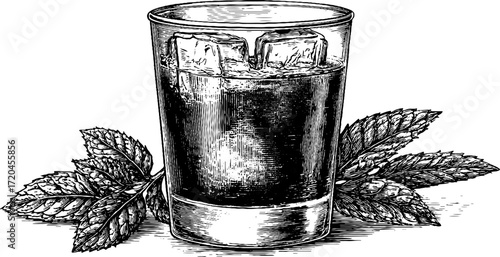 Classic beverage with mint garnish - retro hand drawn drink design for bar menu