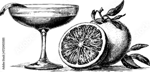Vintage cocktail illustration with orange slice garnish for retro design and decoration