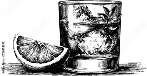 Vintage hand-drawn cocktail illustration with orange slice garnish for beverage design
