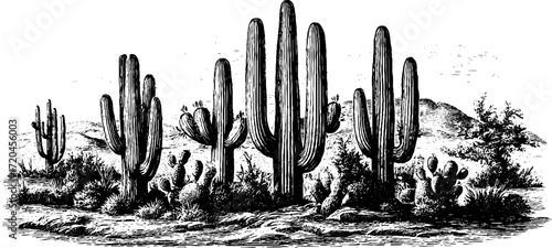 Vintage illustration of tall columnar cactus with ribs in desert landscape