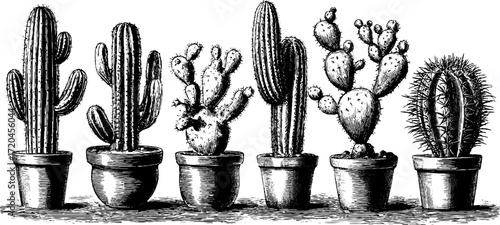 Vintage hand drawn illustration of columnar cactus with ribs in pots for botanical design