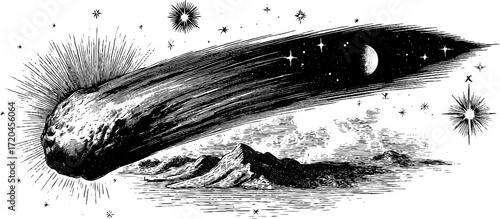 Celestial journey of a comet with glowing tail in vintage hand drawn sketch for astronomy enthusiasts