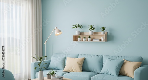 Modern Light Blue Living Room Sofa with Cushions and Shelves