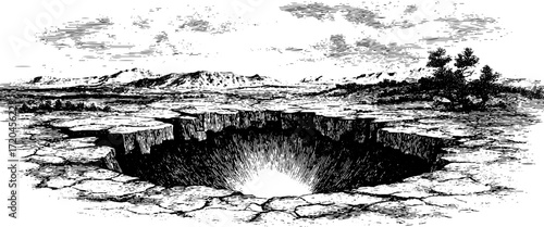 Vintage hand-drawn illustration of a crater with circular depression in a scenic landscape