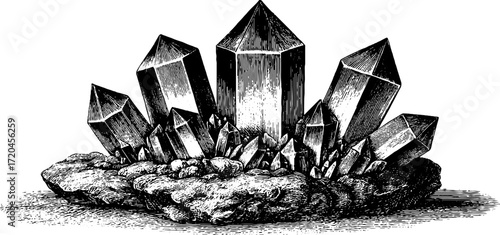 Vintage hand drawn crystal cluster with pointed tips for artistic design