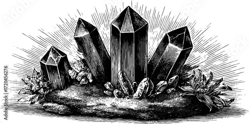 Vintage crystal illustration with inclusions - hand drawn etching design for poster or card