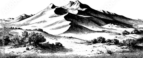 Vintage hand-drawn illustration of desert sand dunes and mountains for retro design