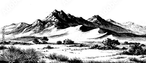 Vintage hand drawn illustration of desert sand dunes with mountainous landscape