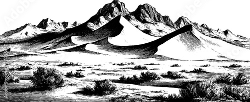Vintage hand drawn illustration of desert sand dunes with mountains and vegetation