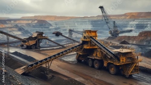 Open pit mine with heavy machinery and conveyor belts