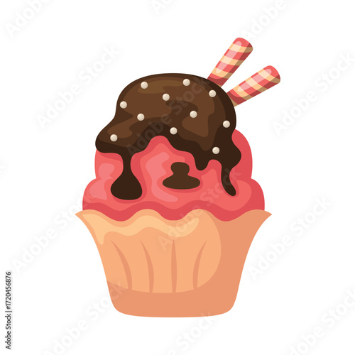A cartoon cupcake with pink frosting chocolate drizzle and wafer sticks