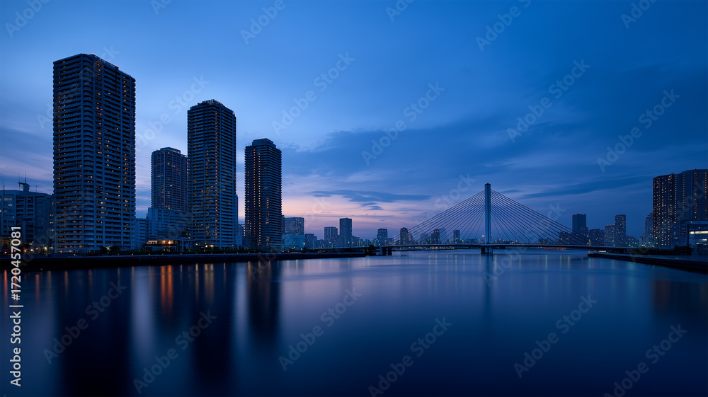 Naklejka premium ブルーアワーに佇む海沿い都市景観の広がり遠景描写図