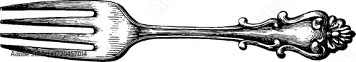Vintage hand drawn fork with ornate handle for retro kitchen decor and design