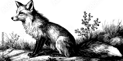 Majestic fox with bushy tail in serene natural setting - hand drawn wildlife art for design