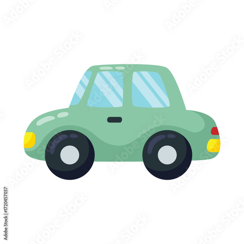 A cartoon car painted in a light green color with blue windows and black wheels
