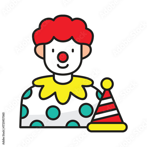 A cartoon clown with red curly hair a red nose and a polka dot outfit