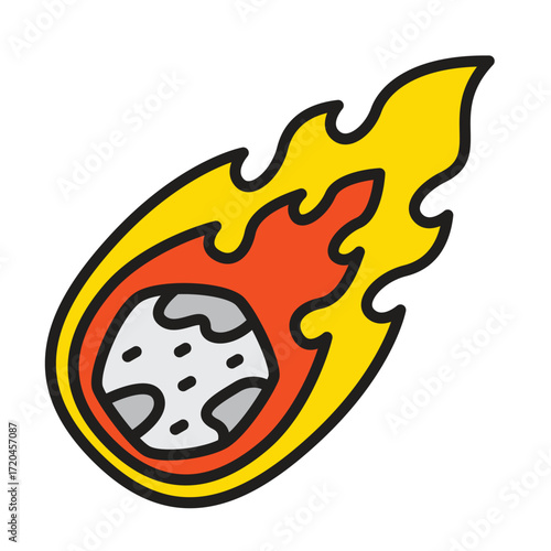 A cartoon comet with a rocky surface surrounded by orange and yellow flames