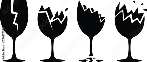 Black Silhouettes of Broken Wine Glasses on Transparent Background for Fragility Concept