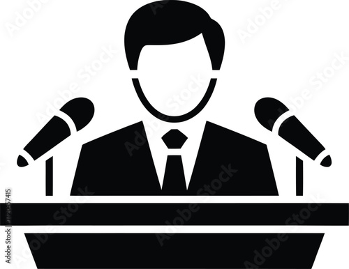 Public Speaker at Podium with Microphones, Presenting Information to Audience, Black Silhouette