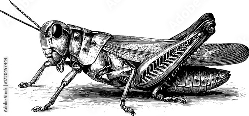Vintage detailed illustration of grasshopper with long legs - perfect for nature-inspired designs