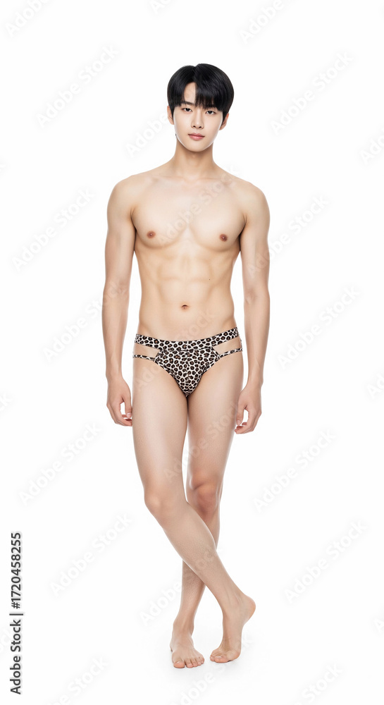 Fototapeta premium Stylish young Asian man in leopard print thong underwear, standing confidently against a clean white background, showcasing modern men's fashion and physique.