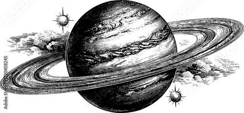 Vintage hand-drawn illustration of jupiter with visible bands and rings for educational design