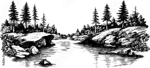 Serene landscape with calm lake and pine trees in vintage engraving style
