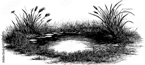 Serene lake with calm water and tall grasses - ideal for nature and landscape designs