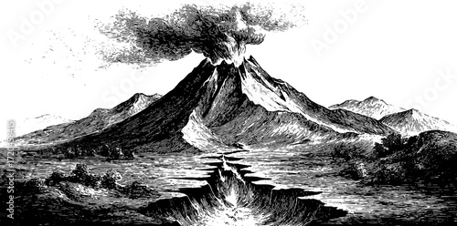 Dramatic volcano eruption and molten lava flow in detailed vintage engraving for art and design