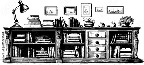 Vintage library interior with bookshelves and decorative items for home decor and design