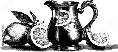 Vintage lemonade jug with citrus slices sketch for retro design