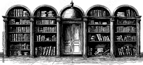 Vintage library interior with shelves of books for classic design and decor