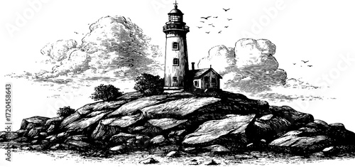 Vintage hand-drawn lighthouse on rocky coast with birds and clouds