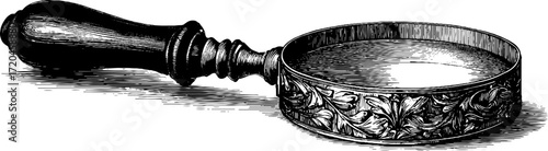 Vintage hand-drawn magnifying glass with engraved handle design for retro decor