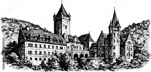 Medieval castle with towers illustration - vintage hand drawn design for prints and posters