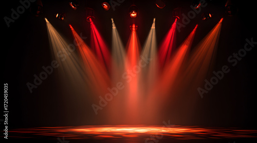 Dramatic stage lighting with red and orange spotlights on a dark background