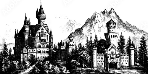 Intricate medieval castle and tower silhouette with mountain backdrop - retro engraved design for posters and decor
