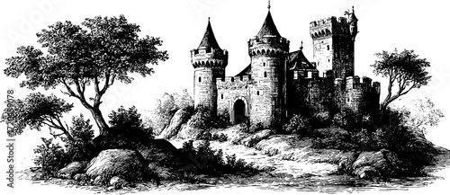 Medieval castle with towers in engraved hand drawn vintage style