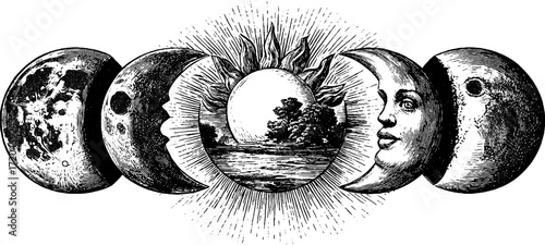 Vintage moon phases sequence with hand-drawn elements for celestial design