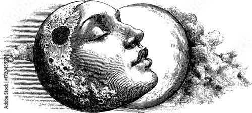 Vintage moon with human face in profile - hand drawn illustration for print or poster design
