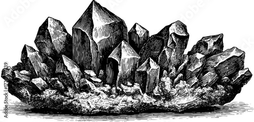 Vintage hand drawn illustration of obsidian mineral with sharp edges for retro design