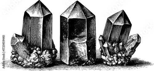Detailed vintage sketch of obsidian mineral crystals with sharp edges