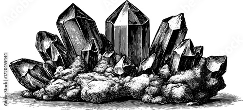 Vintage hand drawn illustration of obsidian mineral with sharp edges for design and posters