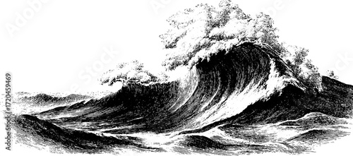 Vintage hand drawn illustration of ocean wave breaking crest for nautical design and prints